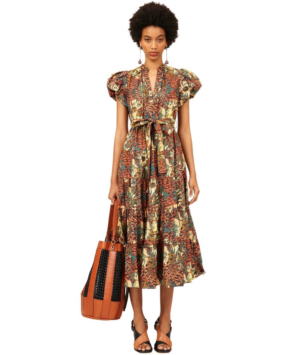 Ulla Johnson Prism Floral Print Puff Sleeve Self Tie Ottilie Midi Dress Womens 6